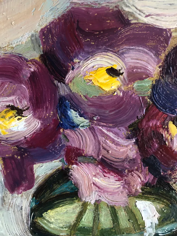 Vase with flowers original oil painting handmade wall art bouquet peonies on cardboard 6x6 inches modern art
