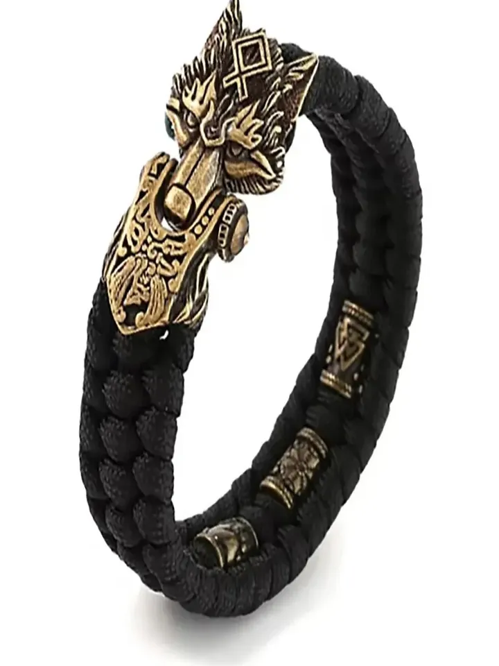 Paracord and bronze bracelet with wolf head