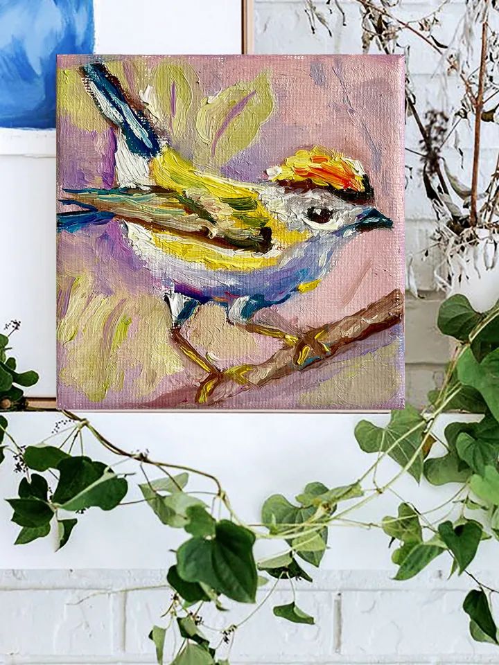 Chickadee Painting, Bird Art Original oil Painting on Canvas, Wildlife Wall Art, Miniature Artwork 4"x 4"