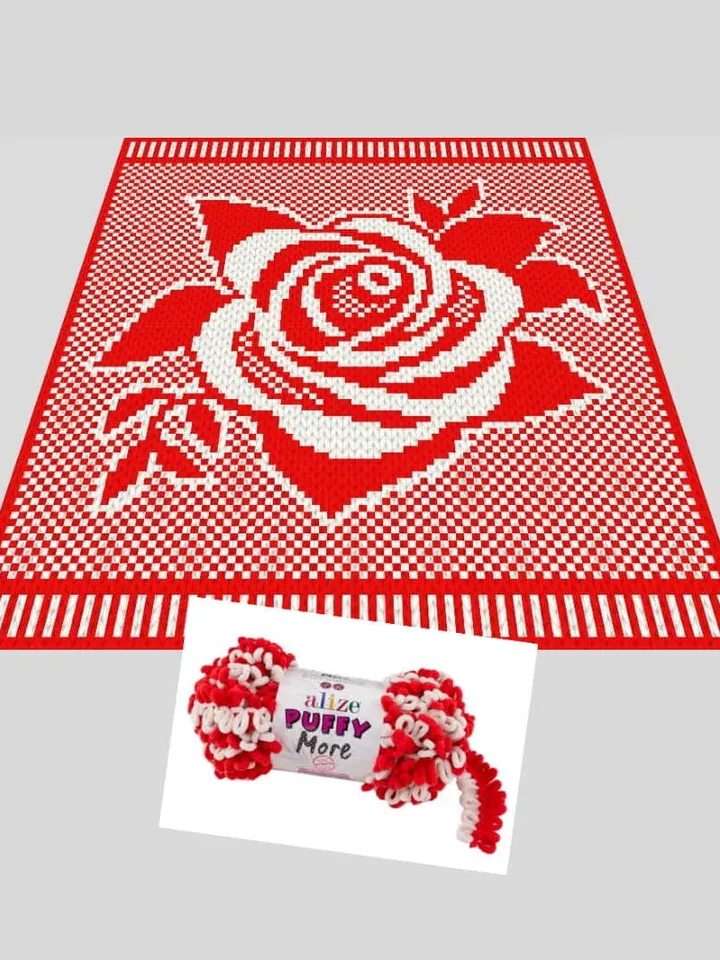 Loop yarn Finger knitted Rose Flower blanket pattern