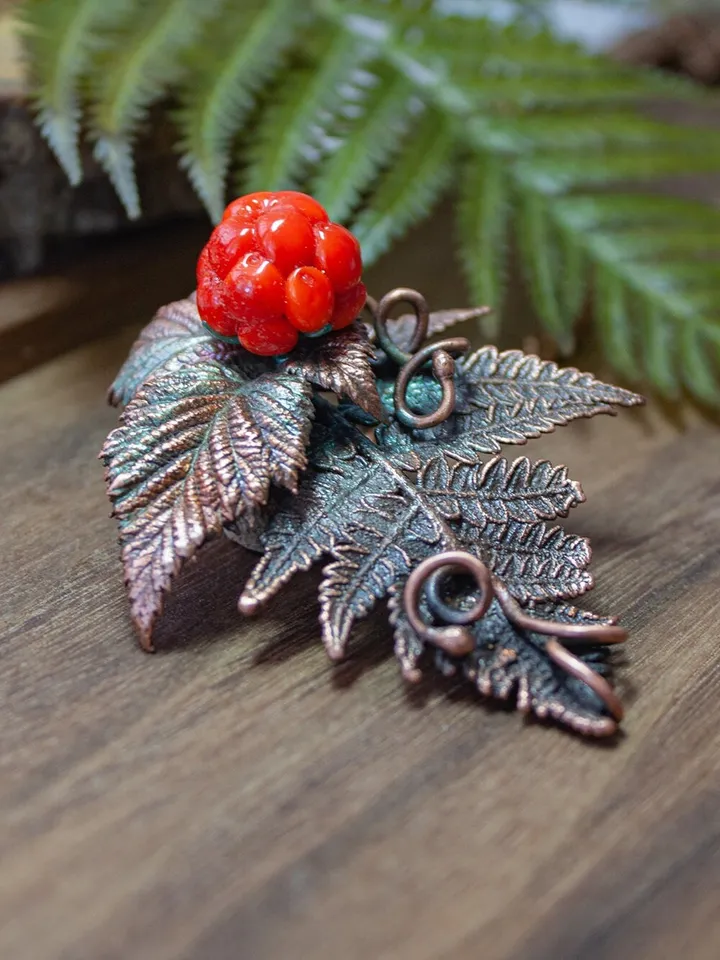 Handmade Copper Pendant Glass Cloudberry Beads, Natural Jewelry, Electroforming, Metal Real Fern Leaf, Great Gift for Her