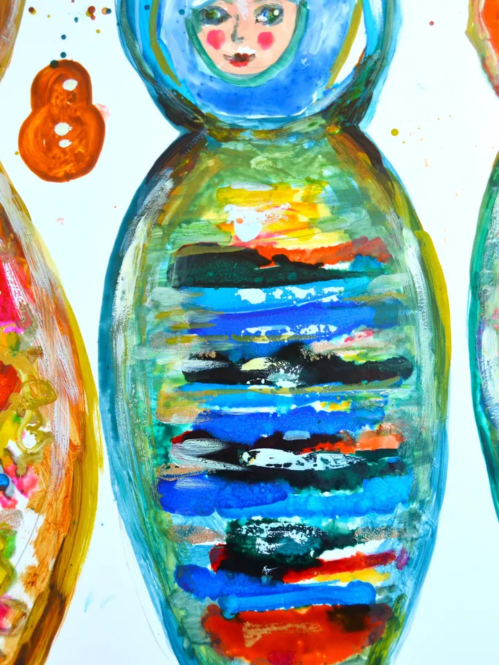 Russian dolls Poster, colourful poster made from my original mix media painting on yupo paper,dolls painting wall decoration