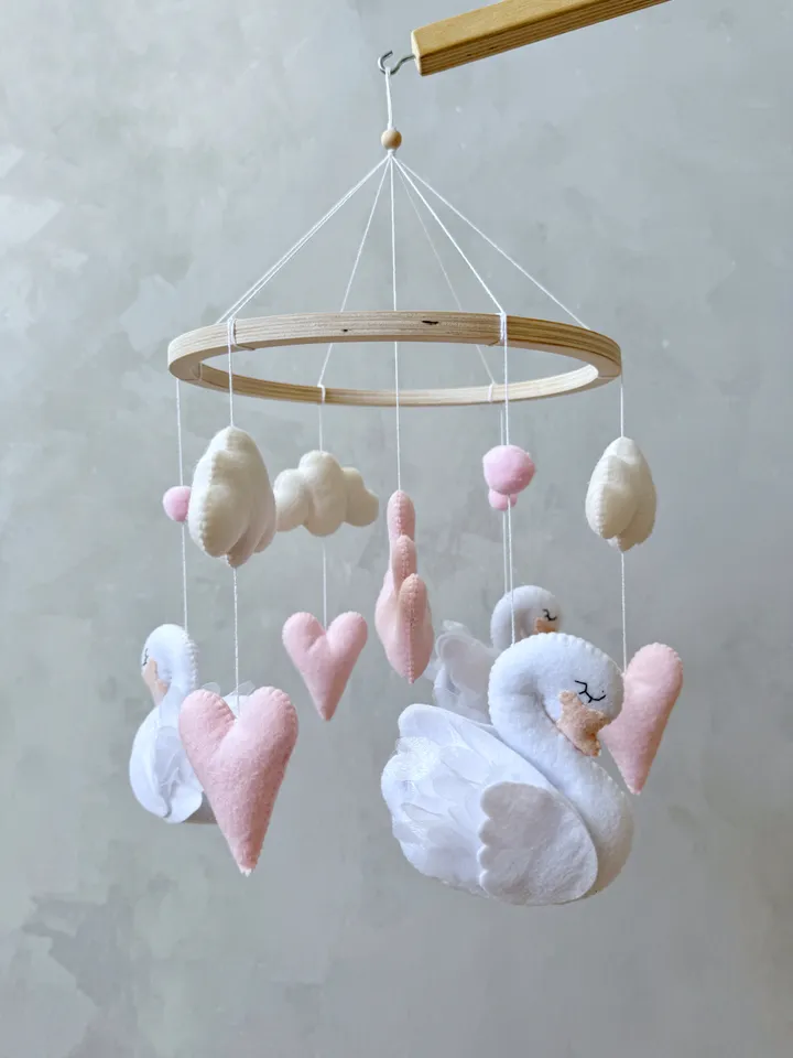 Swan mobile girl pink and white Princess crib mobile crown and hearts