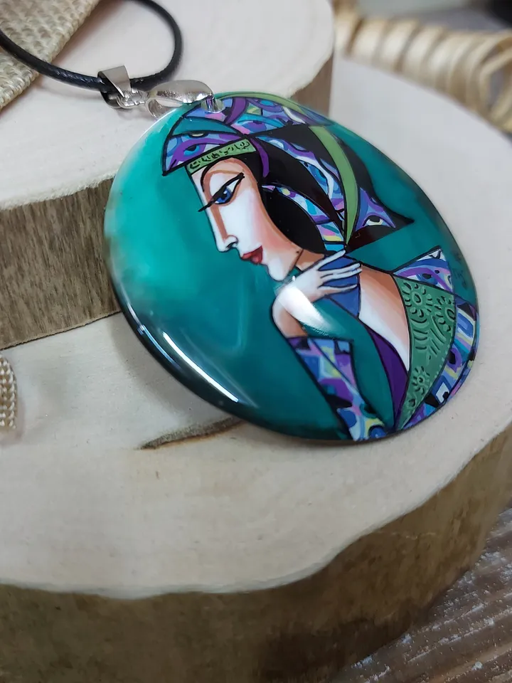 Pendant "In purple tones 2" Mother-of-pearl Hand-painted Art gift Russian necklace, fine art jewelry Fedoskino