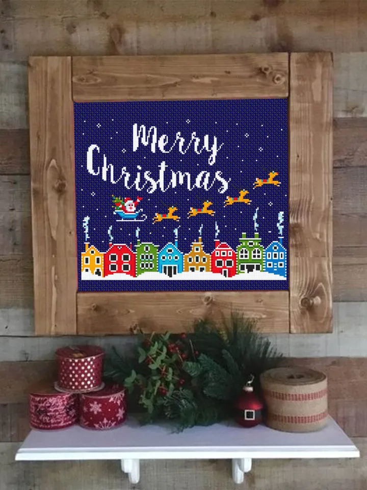 Merry Christmas cross stitch pattern PDF download Winter town cross stitch chart, Christmas pattern digital PDF, Christmas houses #N49