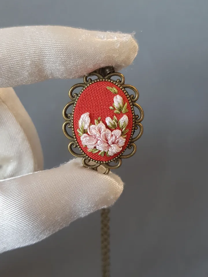 Ribbon embroidered pendant for her, handmade jewelry, art 44