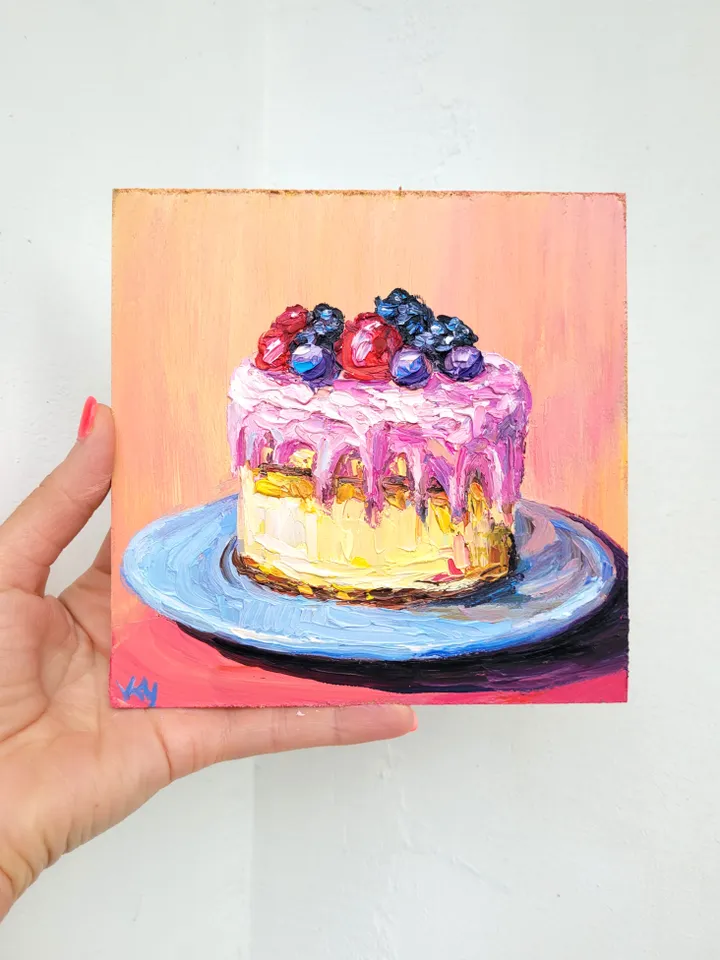Cake Painting Food Original Art Impasto Artwork 6x6 Kitchen Wall Art Bakery Art Dessert Painting Fruit Wall Art Funky Painting by ArtFromVictoria