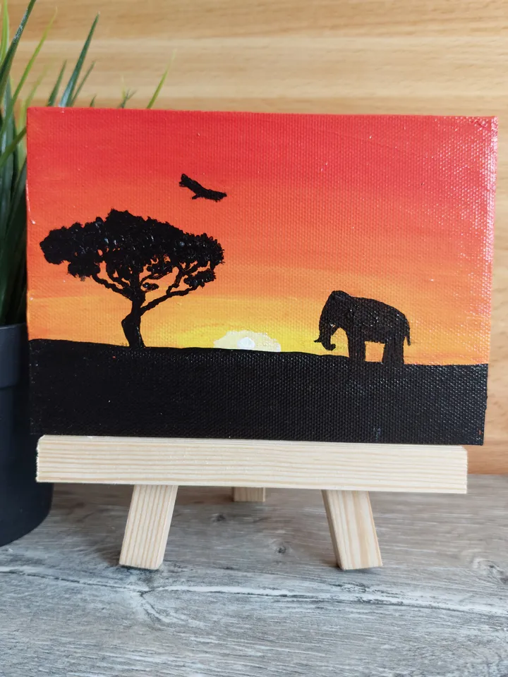 Mini painting depicting "Sunset in the jungle", Original design, Painting on a panel