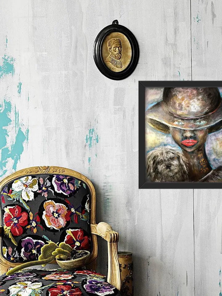 Fantasy woman in a hat with a small dog painting,original acrylic painting on canvas,home decoration wall art, unique gift.