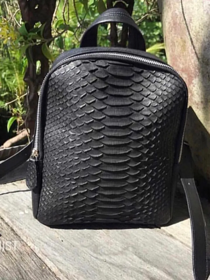 Leather black backpack python skin woman | Leather Rucksack | Girls Backpack Snake Skin | Backpack purse handmade genuine leather