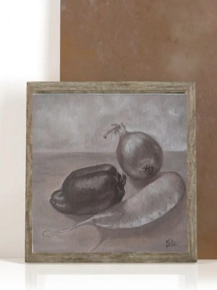 Still Life with Vegetables, Oil Painting with Peppers, Onions and Radishes, Canvas 8x8 inches