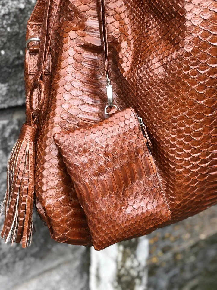 Big Soft Hobo Genuine Python Skin Polished Brown Bag | Exotic Python Leather Bag | Large Soft Leather Handmade Bag | Snakeskin Bag Woman