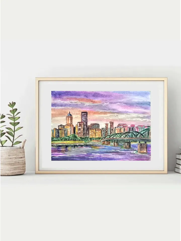 City Skyline Portland Oregon Painting Art