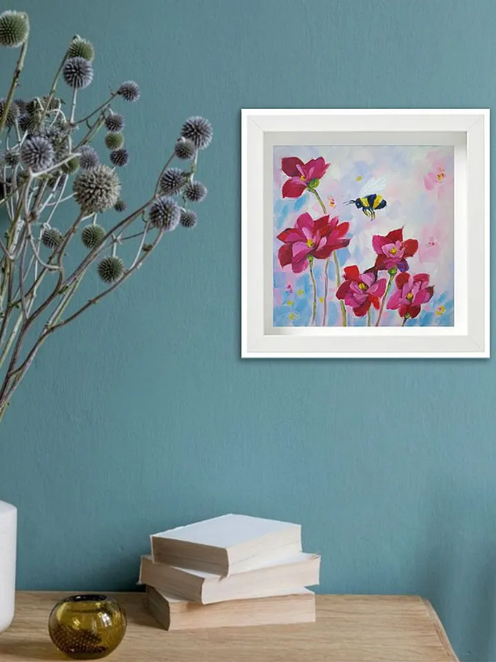 Bee Painting Pink Flowers Original Art Floral Wall Art Small Oil Painting