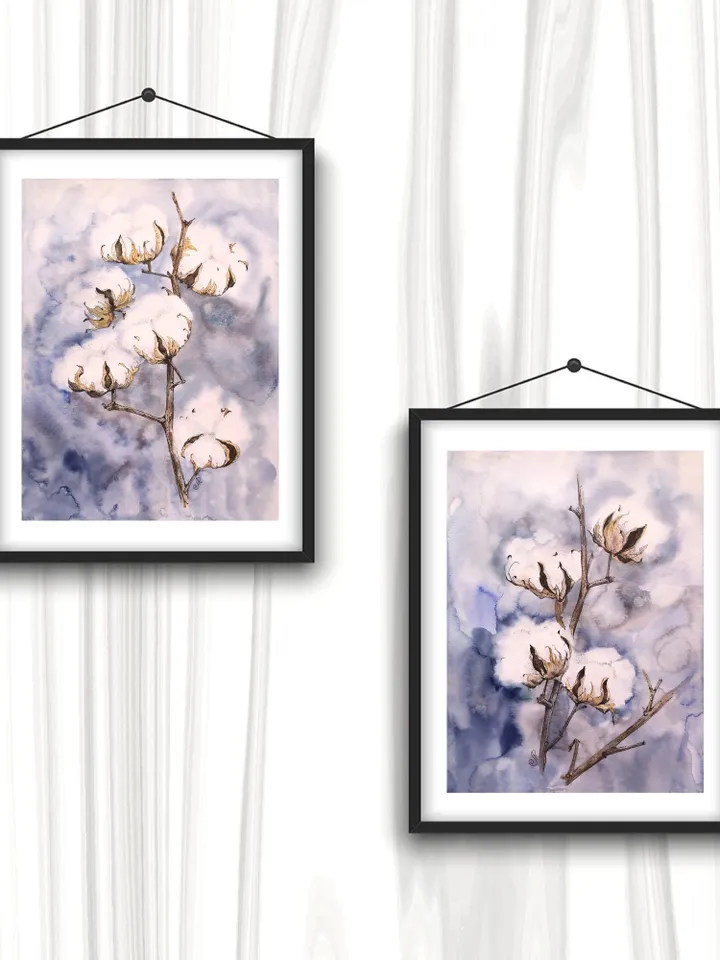 Cotton Watercolor Painting Set of 2 Flowers Original Painting Floral Art