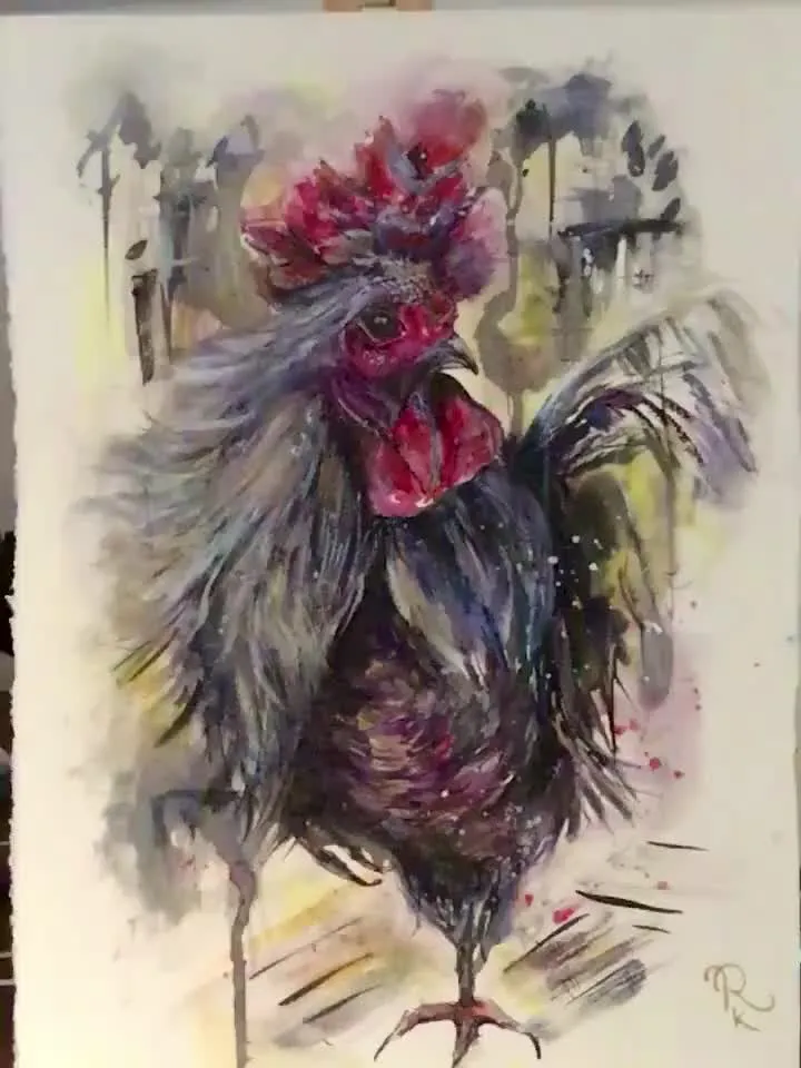 Silver rooster original watercolour mix media artwork on watercolour paper,birds painting watercolour,home decoration wall art,gift