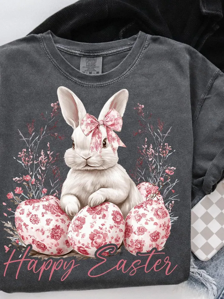 Happy Easter PNG, Grand Millennial Easter Png, Blue Floral Chinoiserie Bunny Png, Pink Toile Easter Rabbit Png, Girls, Easter Coquette Png