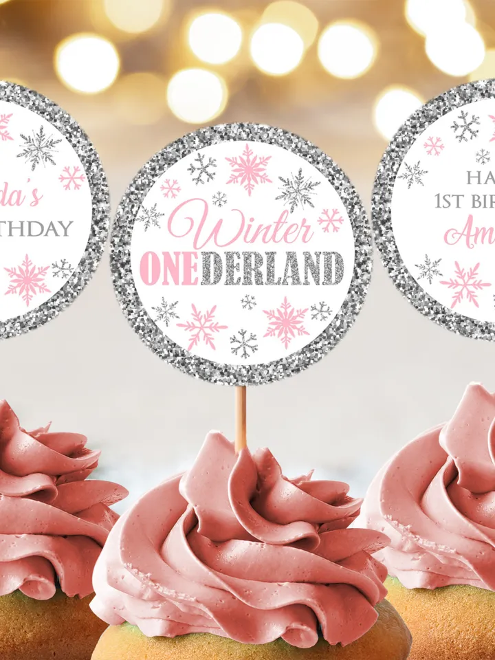 Winter Onederland Birthday Cupcake Toppers, Winter Onederland Birthday Girl Decorations, Snowflakes Cake Toppers, 1st Birthday Template