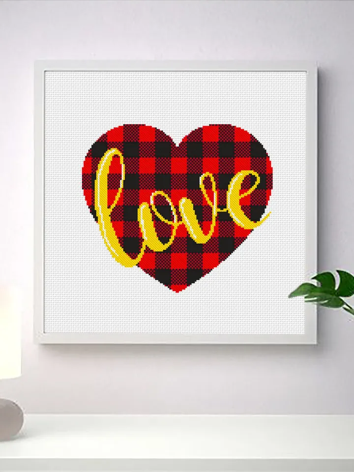 Heart buffalo plaid cross stitch pattern download PDF, Valentine's day cross stitch chart, Love quotes beginner stitch, Heart embroidery #V1