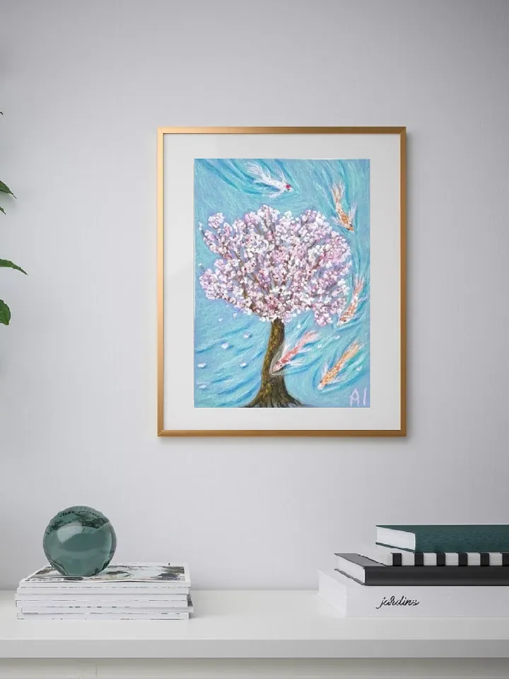 Pastel painting on paper Sakura and fish