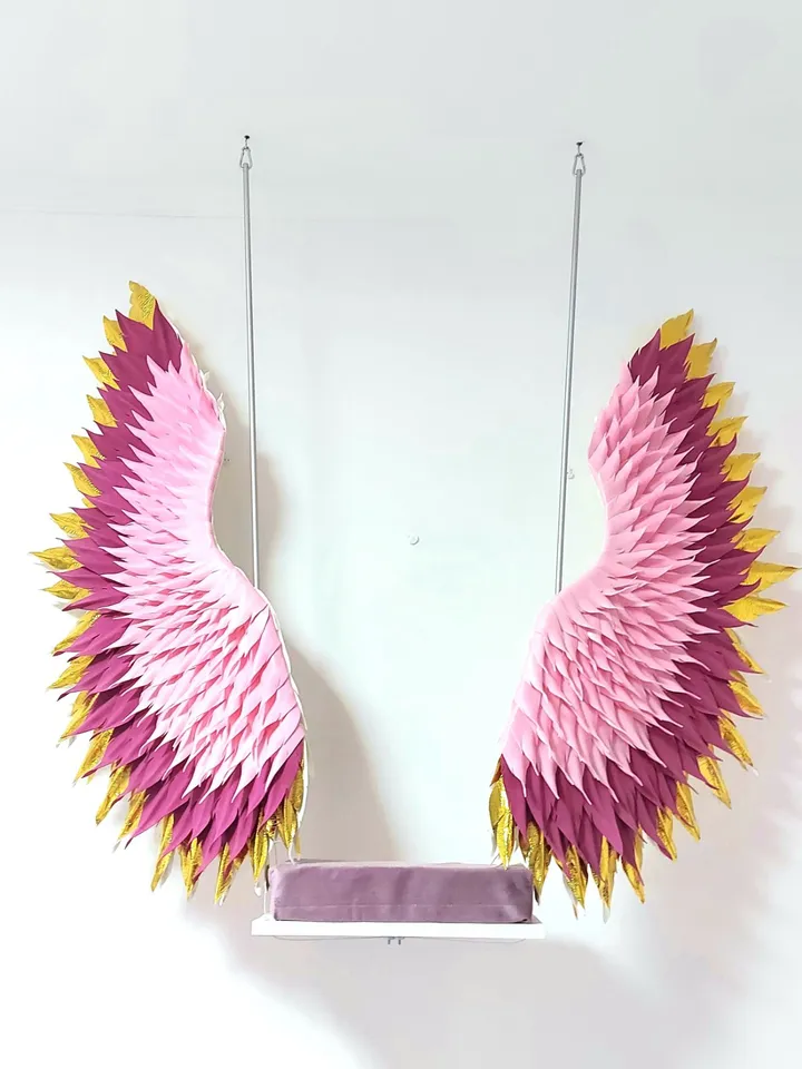 Handmade swing, hanging swing, Large angel wings, fuchsia and gold wings, winged swing,  Party Background nursery decor
