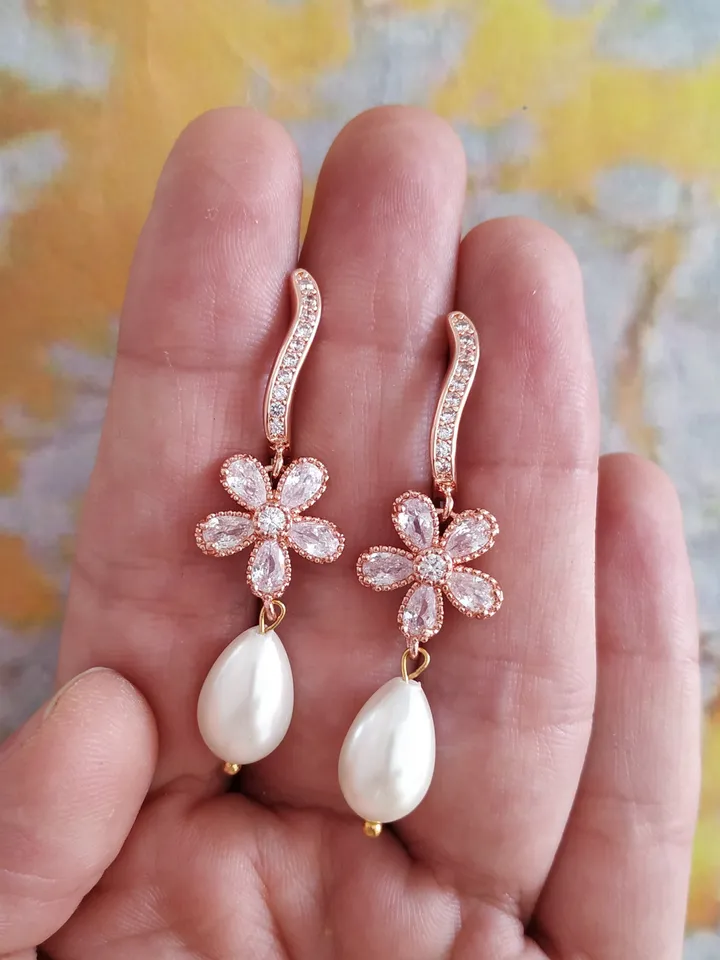 Diamond Rose Gold Floral Wedding Earrings, Teardrop Bridal Earrings, Vintage Style Wedding Jewelry, Chandelier Statement Earrings, Jewellery