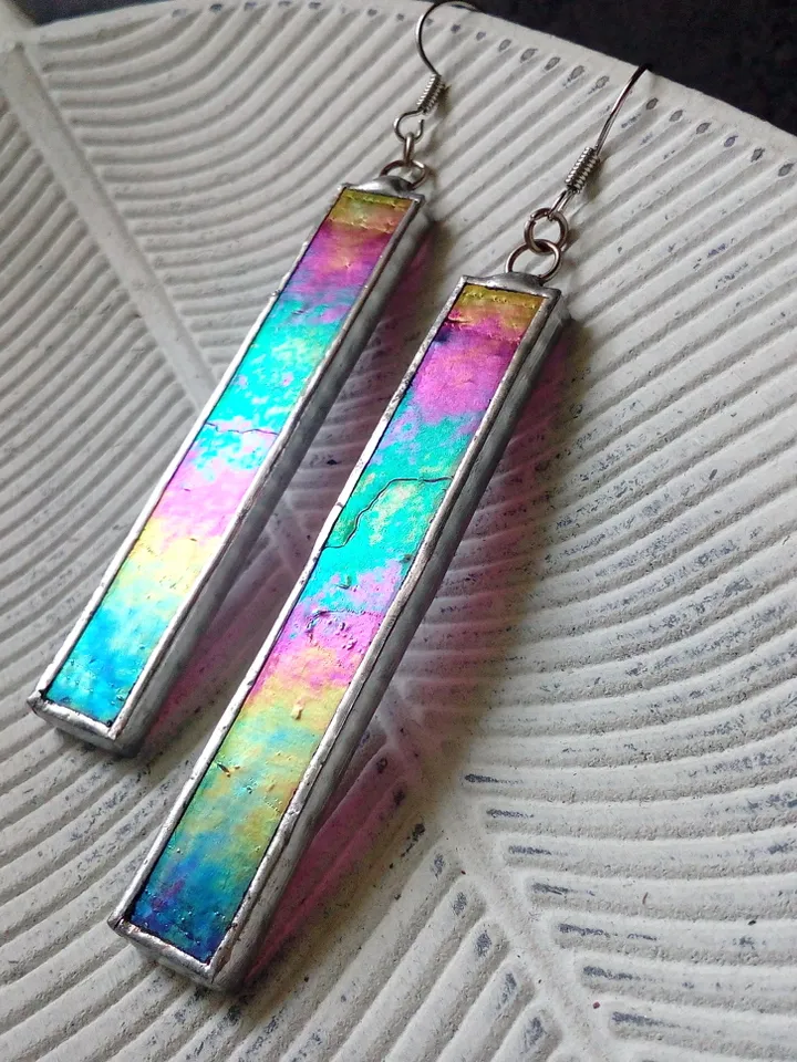 Iridescent stained glass earrings, cute rectangle earrings, dichroic earrings, duochrome earrings