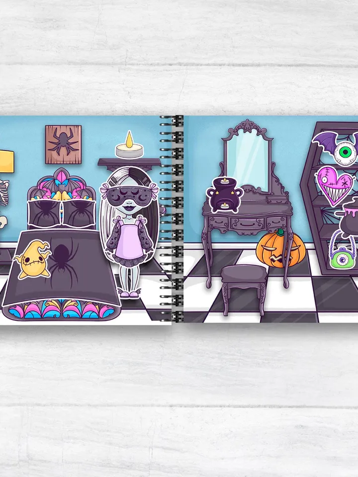 Printable Witch Paper doll house ,Halloween printable doll with a set clothes, Blythe paper doll dress up, Busy book printable crafts kids
