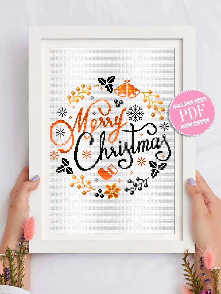 Merry Christmas cross stitch pattern download PDF Winter holiday cross stitch Round christmas ornament stitch chart DIY Christmas decor #N33