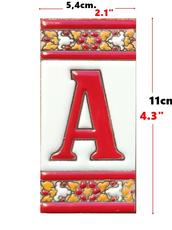 Ceramic letters and numbers 11cm (4.3") for the wall - Hand-glazed in Spain - "ROJO-M" models - Ceramic letters number -
