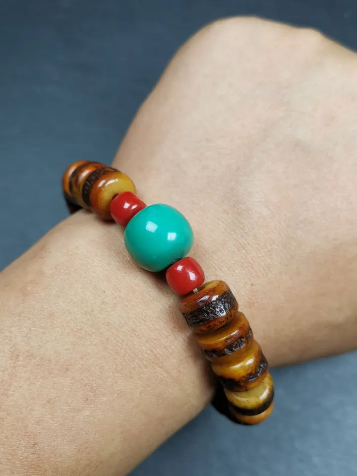 Gandhanra Handmade Tibetan Yak Bone Wrist Mala + Turquoise Bead Bracelet, Hand-carved Amulet Bracelet,for Meditation and Prayer