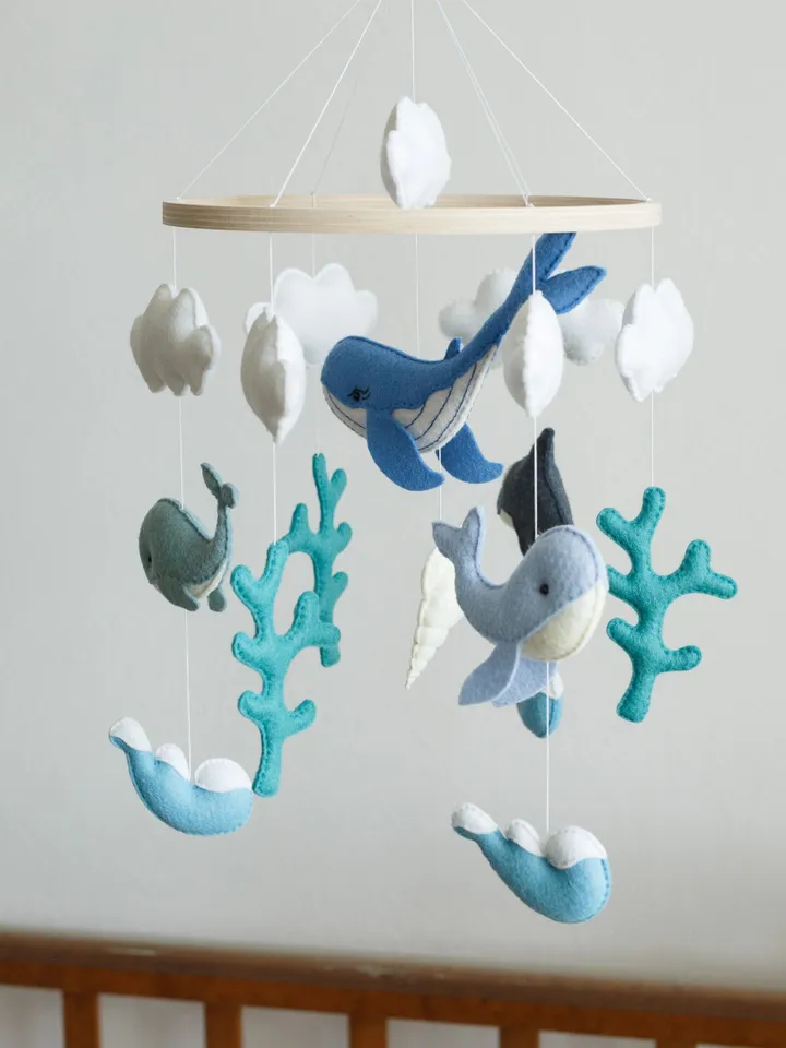 Handcrafted Whale and Ocean Soft Felt Baby Mobile - Customizable Nursery Decor