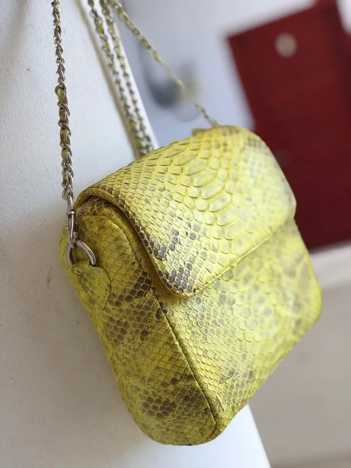 Genuine python skin crossbody chain yellow snake print tassel bag, summer bag elegant leather, snakeprint bag, convertable bag, yellow bag