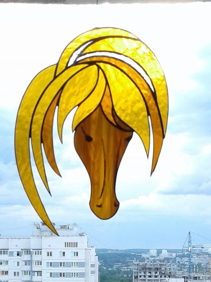 Head Horse Golden Amber Brown . Art stained glass window hanging Suncatcher