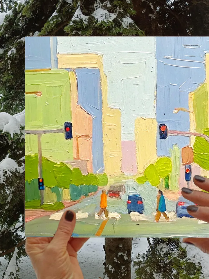 Los Angeles Oil Painting Street Original Art Impasto Scene Sunset Boulevard Impressionist Oil Painting Trees Car Cityscape Art Gift