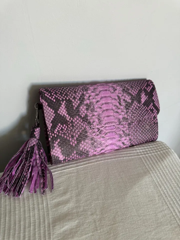 Genuine python skin classy flat clutch with shoulder chain | elegant evening women purse | designer leather bags | small shoulder pink bag