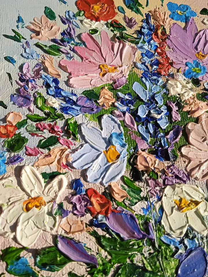 Oil Painting Bright Flowers Chamomile Poppies Impasto Art Miniature 6 x 6 inches