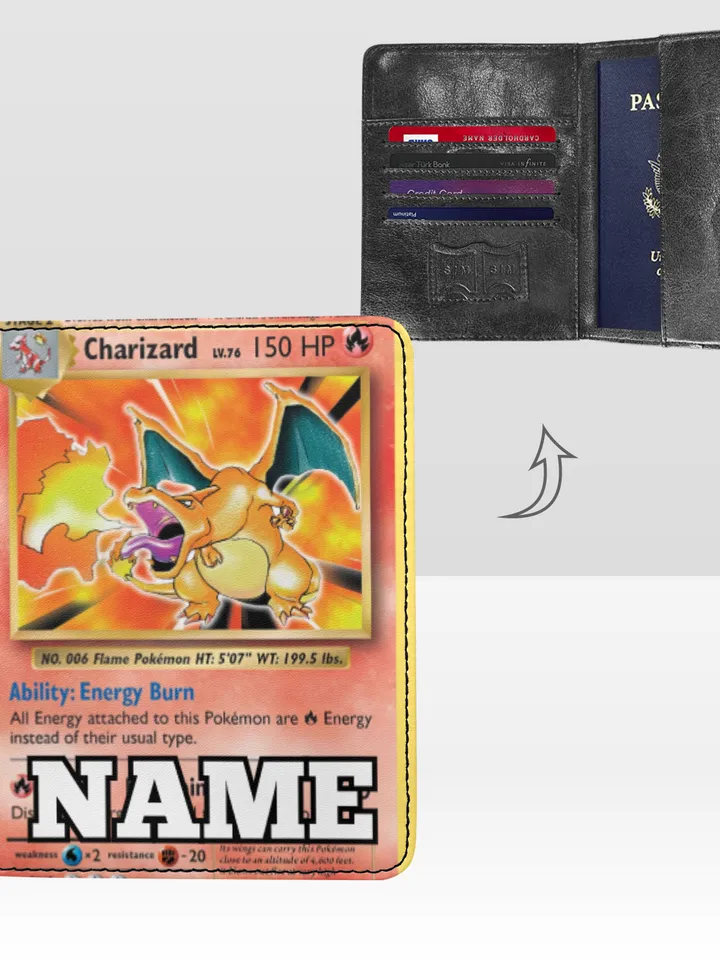 Charizard Card Passport Cover Custom NAME, Passport Holder High-Grade Microfiber Leather
