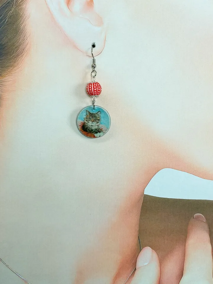 Handmade earrings. Earrings with beads. Handmade. Author's design. Earrings with images of cats.