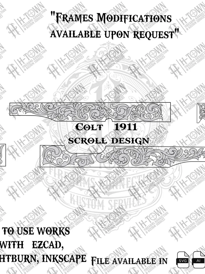 Colt 1911 Scroll Engraving Design | Digital Laser Pattern for EZCAD Lightburn Inkscape | Svg Ai EPS PNG Files | Ornamental Gun Frame Artwork