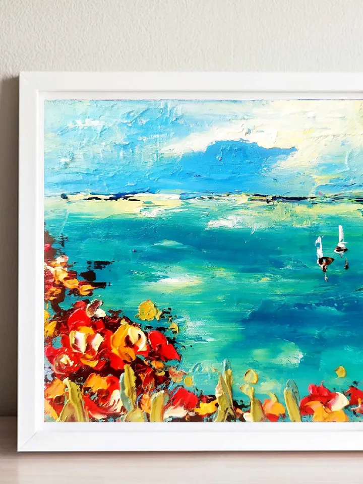 Seascape Painting Poppy Tuscany Original Art Seascape Impasto Oil Painting Small Artwork 4x4 Tuscan Serenity Original by ArtProkopaloSv