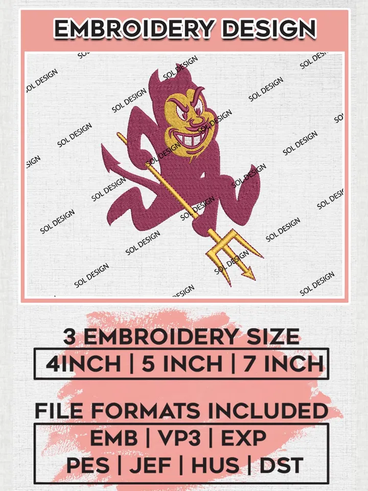 NCAA Arizona State Sun Devils Mascot Logo Machine Embroidery Design, NCAA Arizona State Sun Devils Embroidery Design Design files, NCAA Team Embroidery Designs, NCAA Machine Embroidery Designs, Digital Download