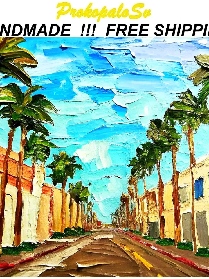 Los Angeles Painting Street Original Art Impasto Scene Sunset Boulevard Impressionist Oil Painting Palm Trees Car Cityscape Art Gift