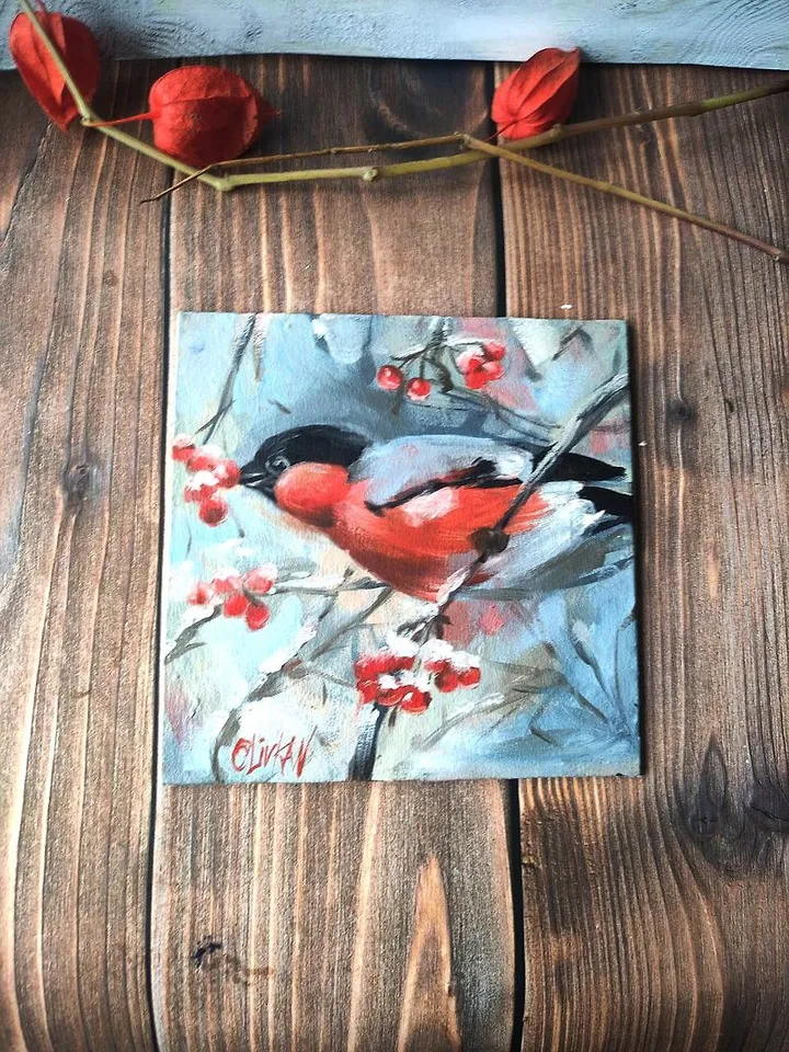 Bullfinch Painting 牛蛙 Original Art Bird Artwork Original Oil Painting