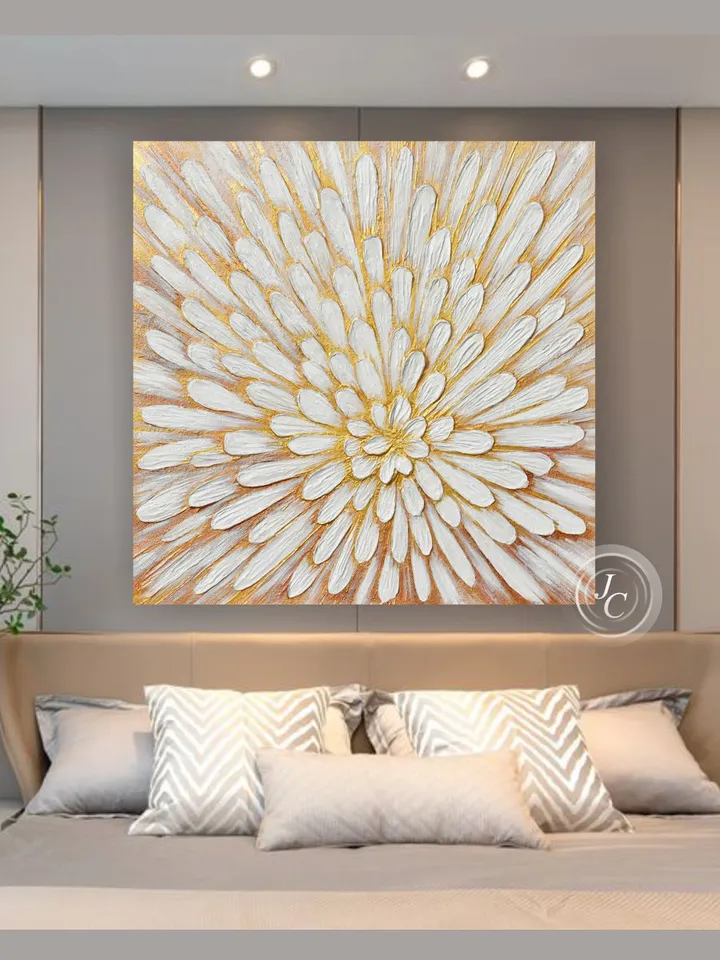 Gold and White Floral Wall Art Abstract Original Painting Textured artwork Modern wall decor