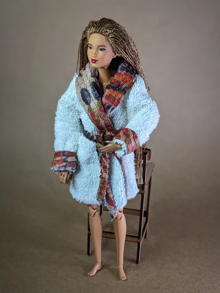 Handmade white & brown terry bathrobe for 1/6 scale fashion female dolls