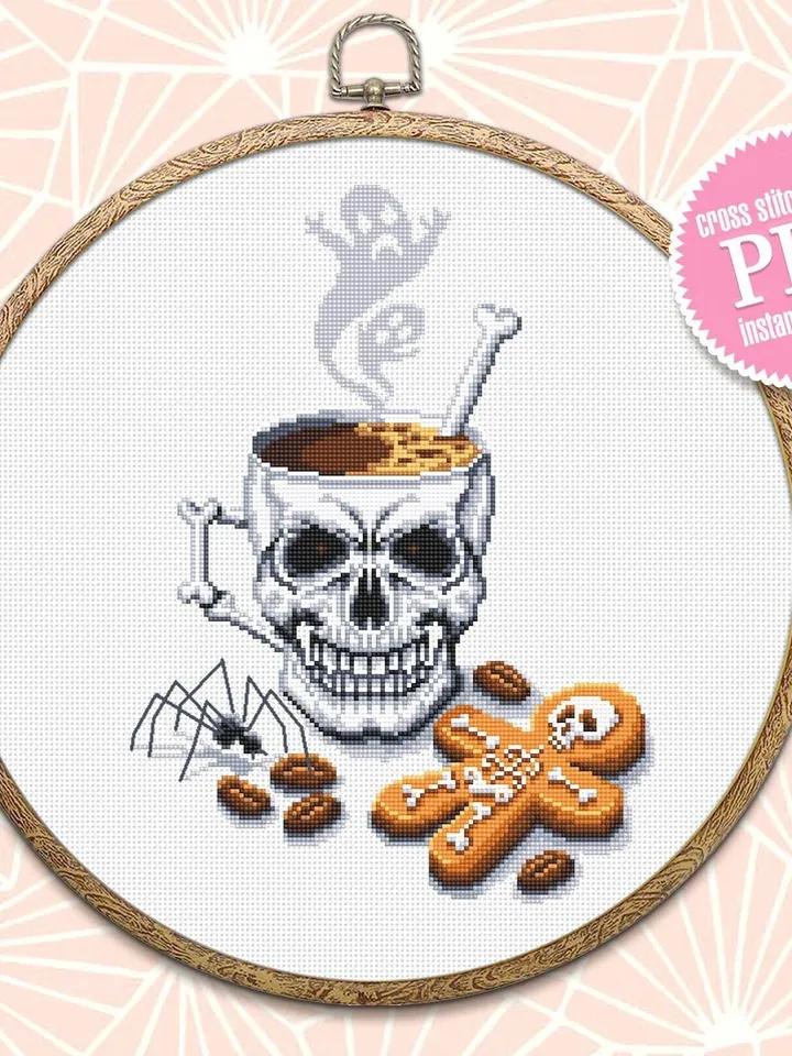 Halloween coffee mug cross stitch pattern download PDF, Gothic Halloween cross stitch chart, Horror Christmas cross stitch, Skull cup #H39