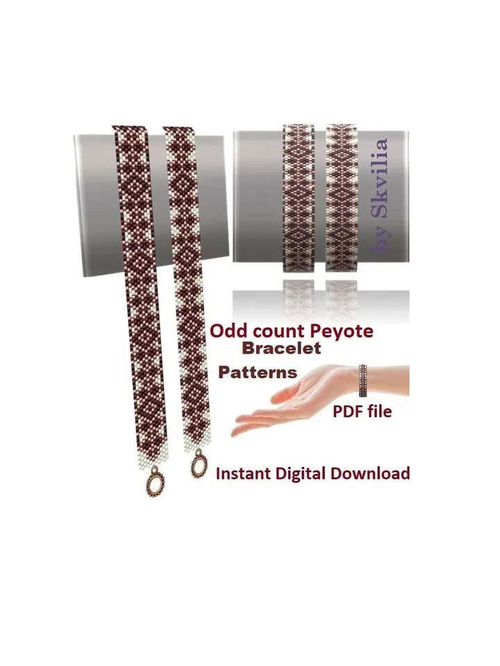 Cuff Bracelet Odd-Count Peyote Stitch Bead Patterns, Miyuki Delica, Czech beads Preciosa, Instant Download