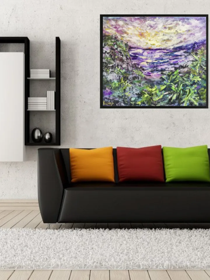Palm Trees Sunset Sea Original Art Oil Painting Resort Rocks Artist Svinar Oksana