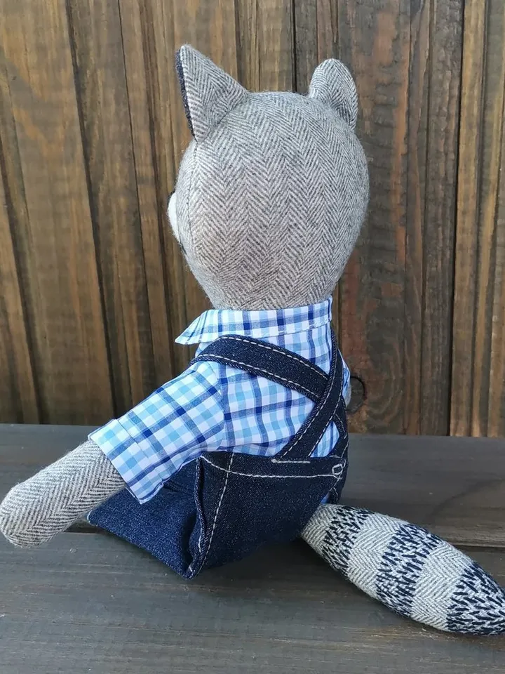 Gray raccoon boy, handmade plush raccoon toy, wool stuffed doll